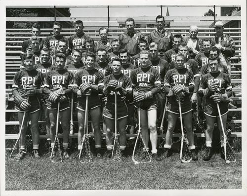 Team photograph with players wearing their “RPI USA” uniforms, 1948.