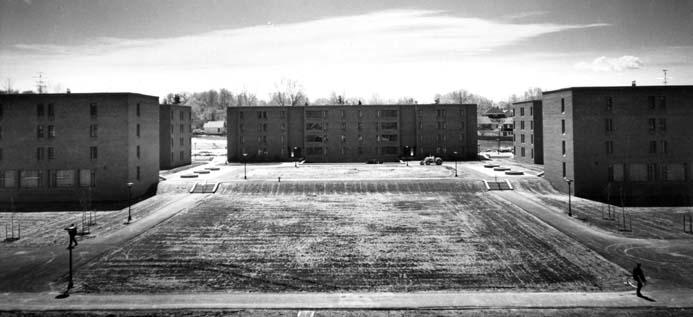 Aerial photo of newly-built freshman dormitory complex (north elevation as viewed from upper Sage Avenue, date unknown)