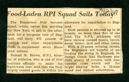 News clipping – RPI lacrosse team’s departure for England, July 2, 1948.