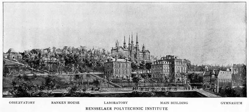  	  1896 illustrated view. Proudfit with its original dome, Ranken house, Walker Laboratory, Main Building, Gymnasium. 