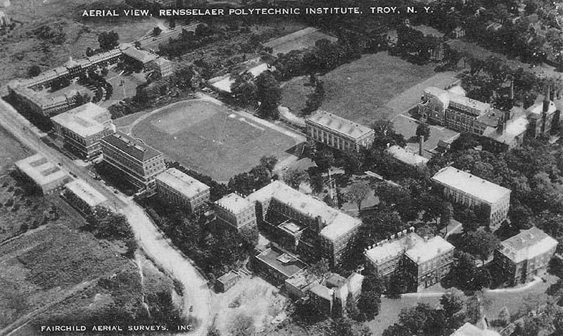 Aerial photo circa 1940 shows the completed Ricketts campus.