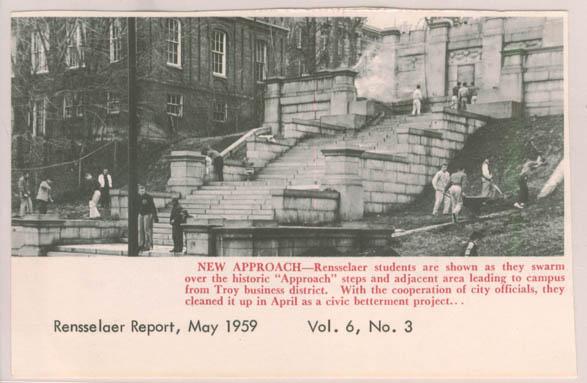 Photograph showing Rensselaer students cleaning up Approach steps (circa April 1959)