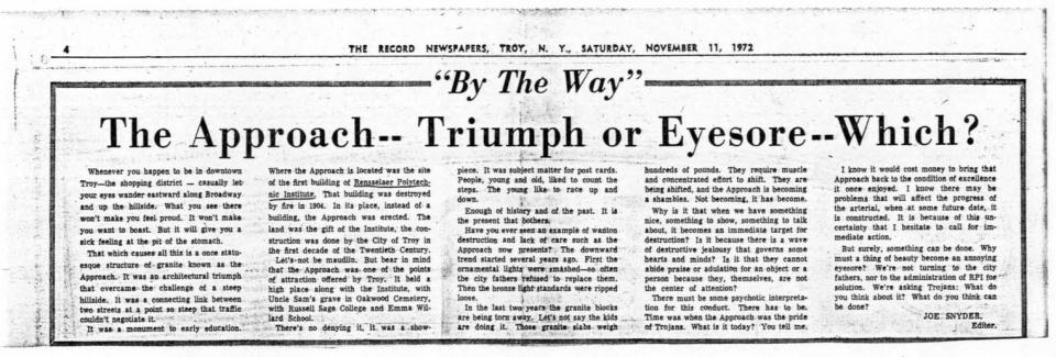 Newspaper clippings regarding the state and/or location of The Approach (first clipping from the Troy Record dated November 11, 1972; second clipping from Times Union dated June 13, 1985)