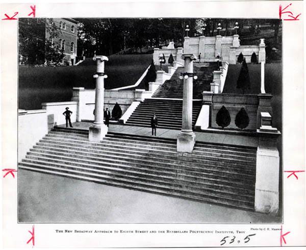 Photograph/postcard of new Approach staircase (low-level aerial view looking up hill toward Eighth Street, circa 1907)