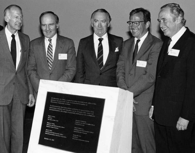 Photo of five dignitariees present at the CII's dedication, including then-RPI President George Low and then-New York Governor Hugh Carey (May 14, 1987)