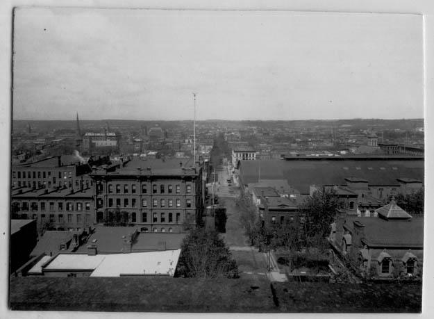 Photograph looking westward, with the city of Troy in the foreground (view believed to be looking down Broadway, at top of what is now The Approach)