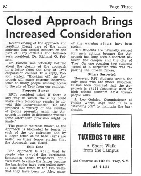 Clipping from The Poly student newspaper regarding Approach's closure, also photos showing staircase's disrepair (date unknown, likely late 1970s)