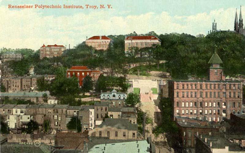 View from downtown Troy circa 1907. Winslow and the Approach in the middle, Proudfit, Walker and Carnegie in the background.