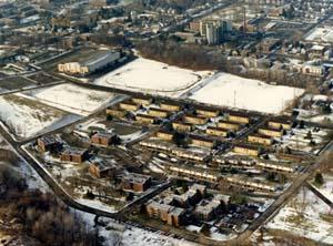 More recent aerial view of the development (facing similar direction; Houston Field House Field House visible)