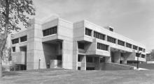 Exterior view of the Folsom Library (southeast elevation angled slightly upward over side lawn, date unknown)