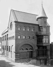 Exterior of the Old Rensselaer Gymnasium (southwest elevation showing turret, date unknown)