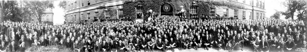 Panoramic photograph of the 760 members of the 1919 Rensselaer student body taken in front of Russell Sage Laboratory. The students would have been posed in a horseshoe curve facing a camera mounted on a swivel tripod. The photograph was taken by Charles Pieper of Troy. 