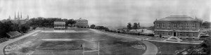View of the newly completed '87 Gymnasium from east end of '86 Athletic Field.