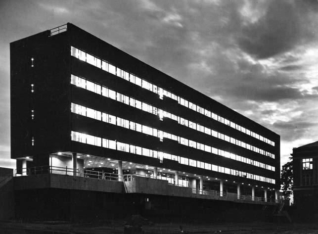 Night-time exterior view of the JEC (northeast elevation angled slightly upward from area of '86 Field, date unknown)