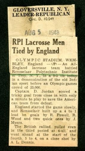 Olympic demonstration lacrosse game between RPI (representing the USA) and an All-England team.