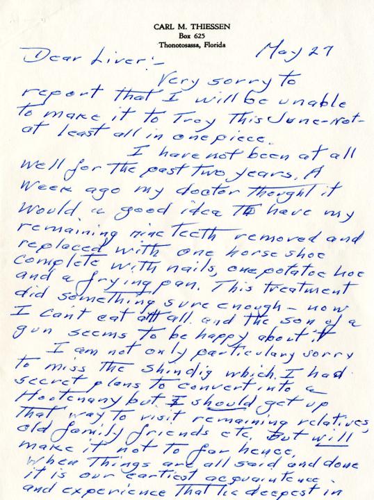 Theissen’s last correspondence to Liver Houston, Page 1.