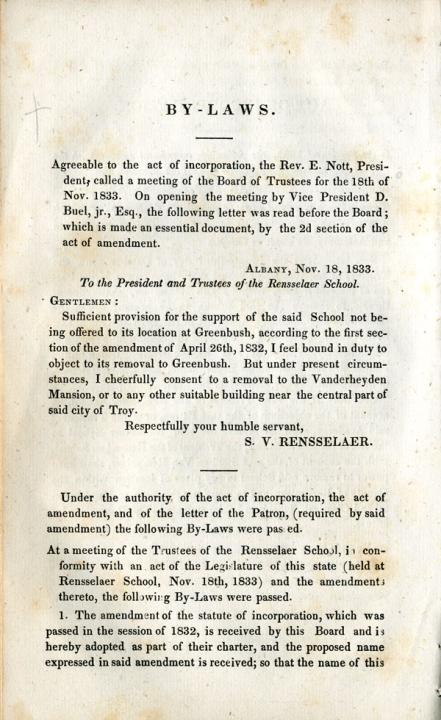 By Laws of the Rensselaer School, 1833 - page 1