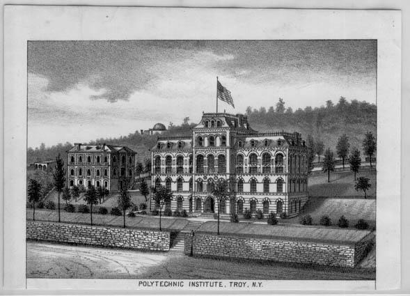 Black-and-white postcard of an artisit's rendering of Rensselaer's original Main Building along Eight Street, at the top of the hill where The Approach is now located (date unknown)