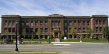 Exterior view of the front entrance to Academy Hall (east elevation, date unknown)