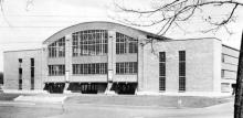 Exterior view of the entrance to the Houston Field House (southwest elevation, circa late 1940s or early 1950s)