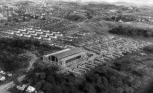 Aerial photo of the Rendael post-war dormitories (looking east-northeast, with Houston Field House in center)