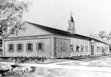 Artist's rendering of the former Snack Bar, which was eventually converted to the F. E. Gallagher Infirmary (southeast elevation)