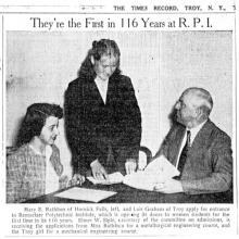 Newspaper clipping from The Times Record of two women applying for entrance to RPI